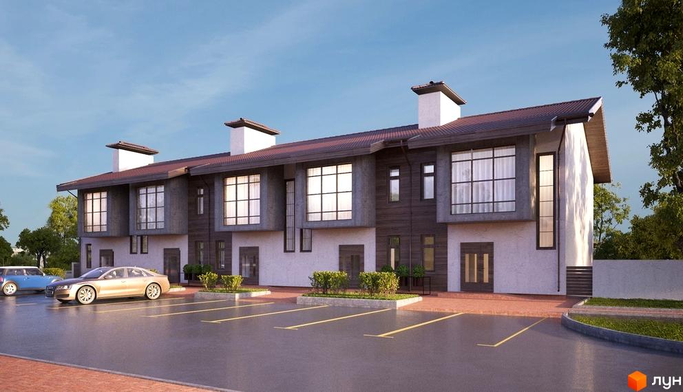 Таунхаус „Good House“: будинки зі світлим та темним фасадом, великими вікнами. Перед ними паркінг з автомобілями та зелені насадження.