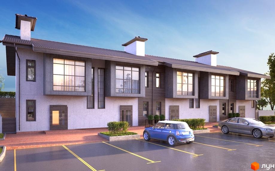 Таунхаус „Good House“: довга будівля зі світлим фасадом, великими вікнами та темним дахом. Перед будинком парковка та доріжки.