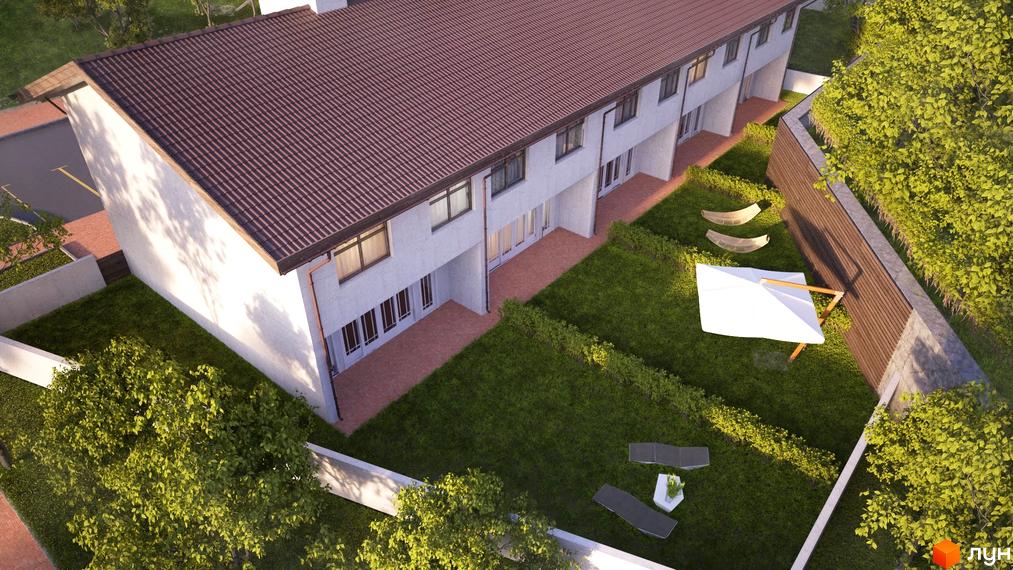 Таунхаус Good House: вид зверху на ряд будинків з білими фасадами та коричневими дахами, зелений газон з меблями для відпочинку.