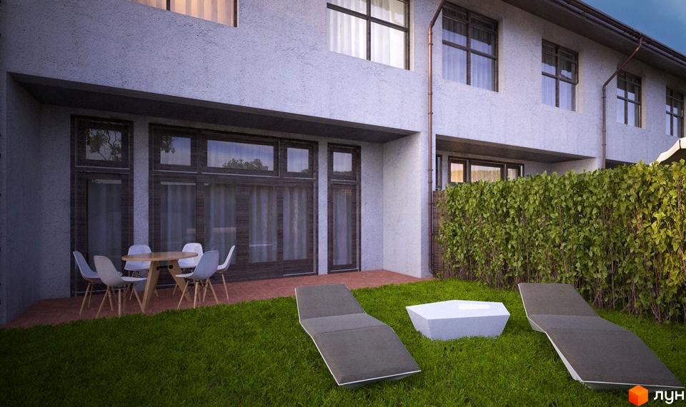 Зображення таунхаусу Good House. Будинок з великими вікнами та терасою, на якій стоїть стіл з стільцями. На газоні розташовані шезлонги та столик.