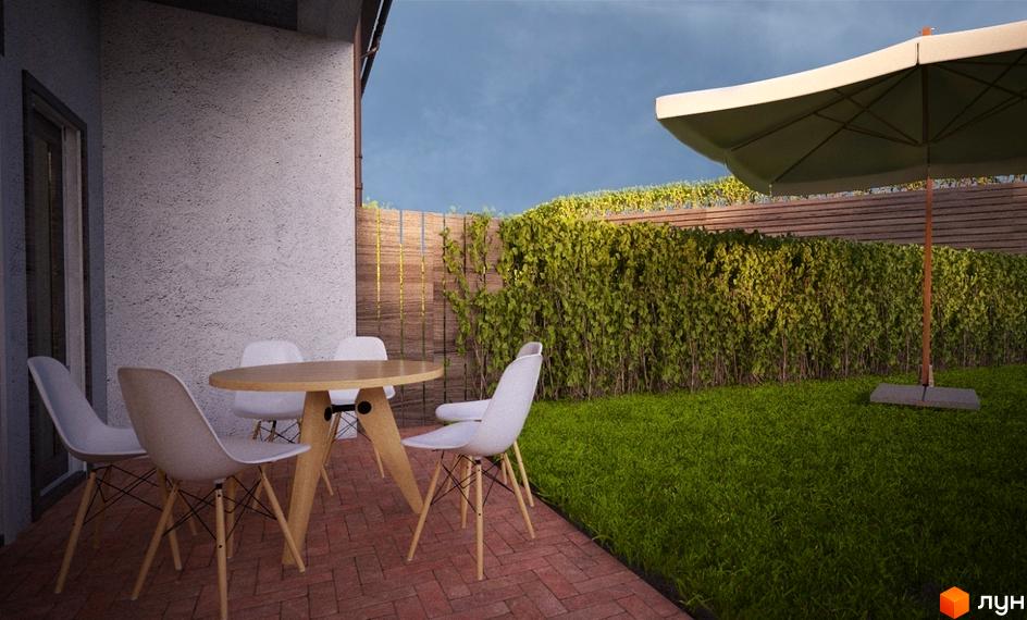 Таунхаус Good House: світла стіна будинку, тераса з цегляною підлогою, столом та стільцями, зелений газон та парасоля.