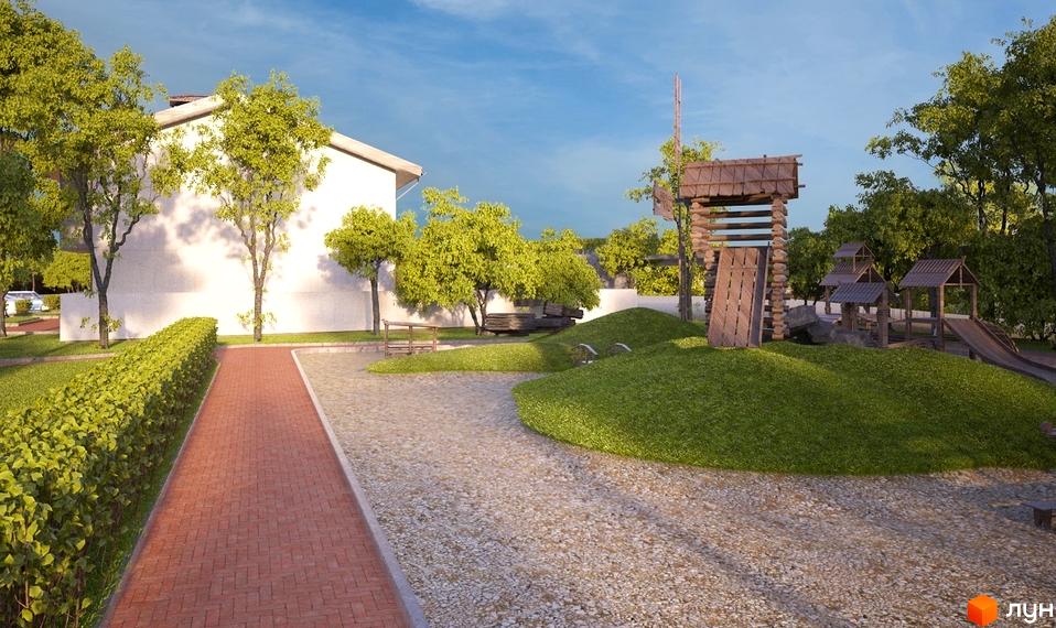 Зображення сторінки житлового комплексу Good House. На фото видно білий будинок з зеленими насадженнями та дитячий майданчик з гірками.