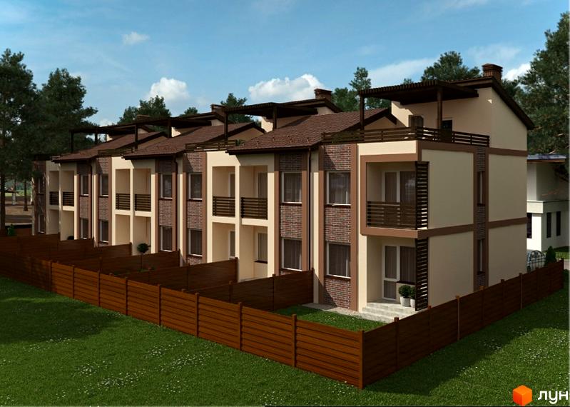 Котеджне містечко КМ Лісове-3: триповерхові будинки з балконами та терасами, облицьовані цеглою та світлою штукатуркою. Огороджена територія з доглянутим газоном.