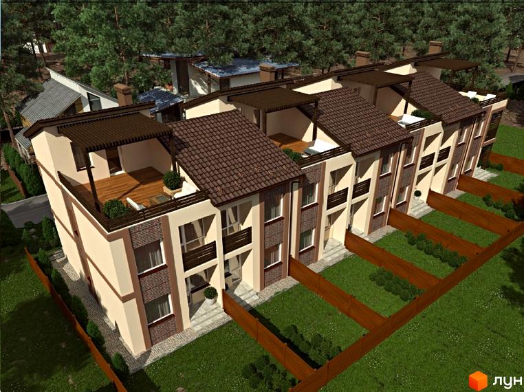 Котеджне містечко КМ Лісове-3: триповерхові будинки з коричневими черепичними дахами, цегляними та світлими фасадами, балконами та терасами. Прибудинкова територія з зеленими газонами та дерев'яними парканами.