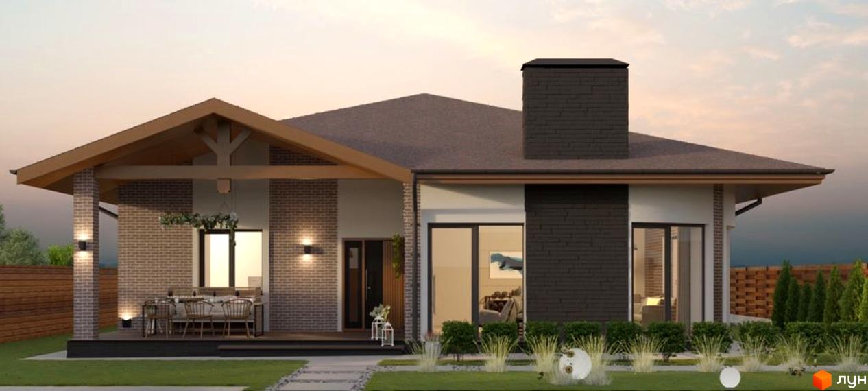 Котеджне містечко КМ Лісове-3: одноповерховий будинок з цегляним фасадом, великими вікнами та терасою. Прибудинкова територія з газоном та зеленими насадженнями.