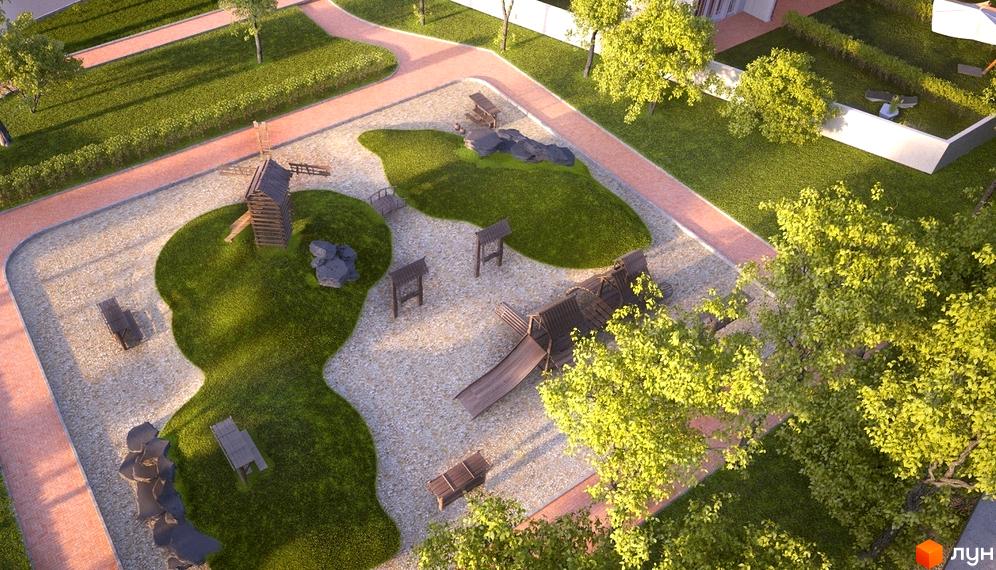 Прибудинкова територія Таунхаус „Good House“: дитячий майданчик з дерев'яним млином, гіркою та зеленими зонами для відпочинку.