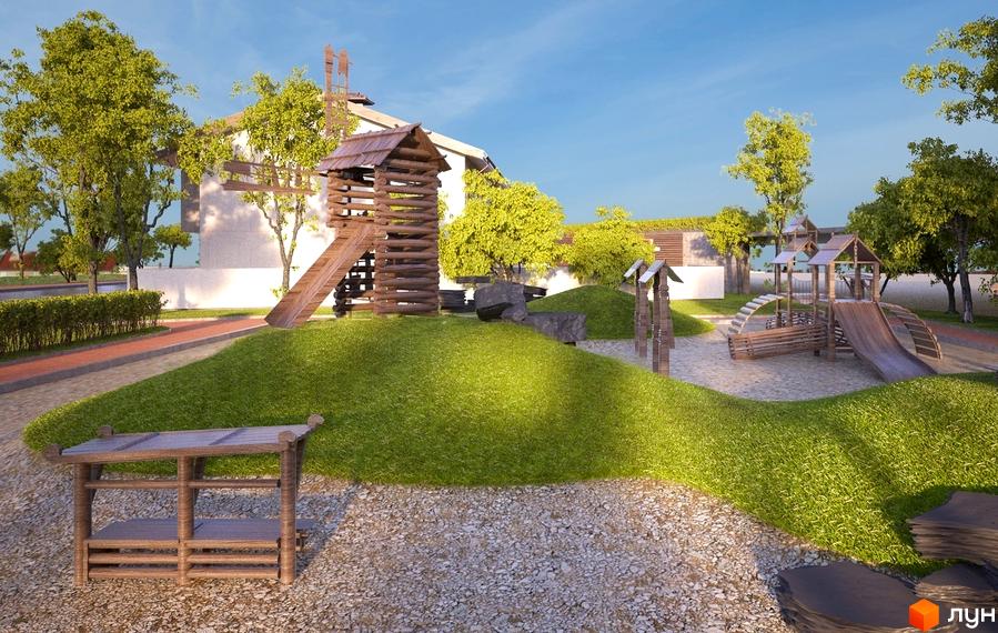 Таунхаус „Good House“ з білими фасадами та облаштованою прибудинковою територією. На передньому плані дитячий майданчик з дерев'яними ігровими елементами.