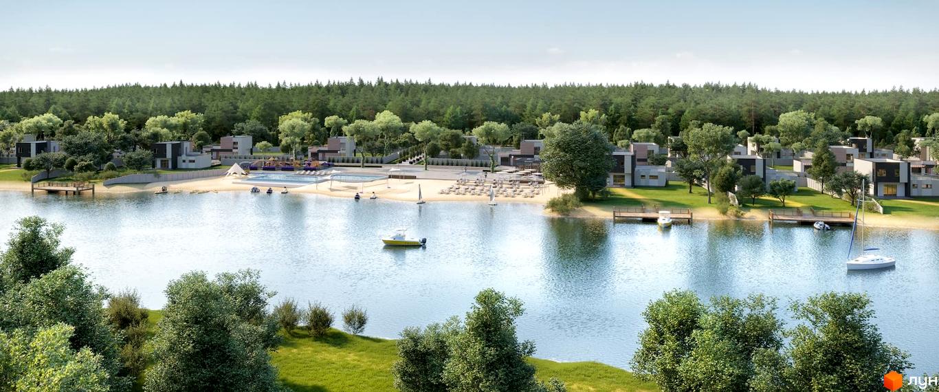 Котеджне містечко Нова Конча-Заспа CRYSTAL з сучасними будинками на березі озера та зеленою зоною відпочинку.