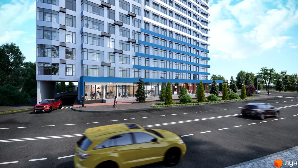 Зображення Житлового комплексу Берег Дніпра. Багатоповерховий будинок з великими вікнами та прилеглою територією.