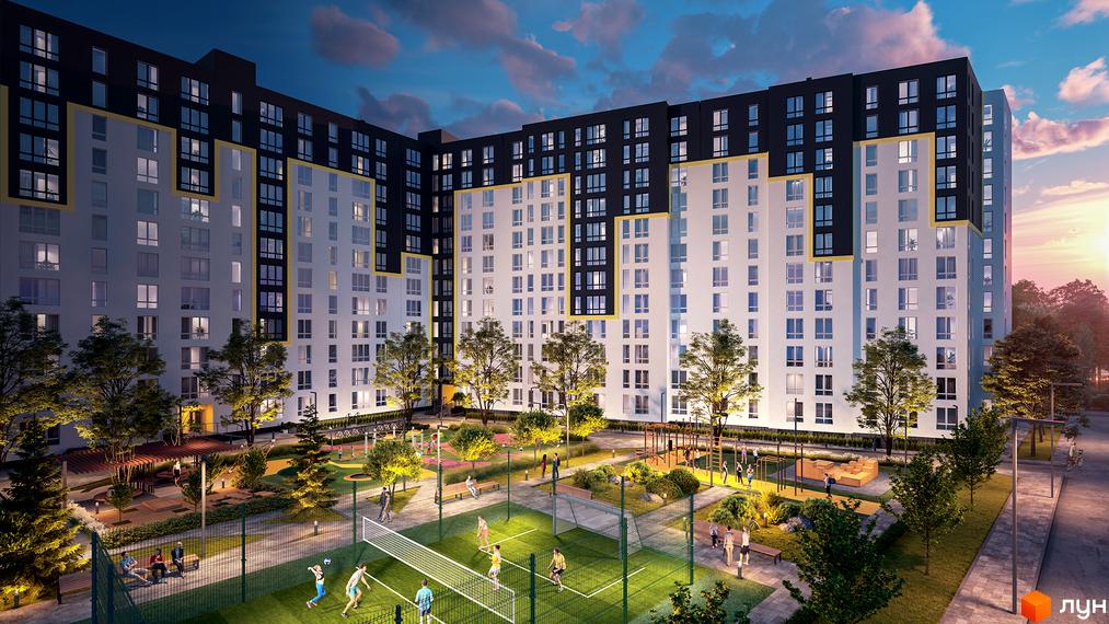 Висотна будівля Житлового комплексу Шенген з білими стінами та темним дахом, облаштована прибудинкова територія з деревами, спортивним майданчиком та лавками.