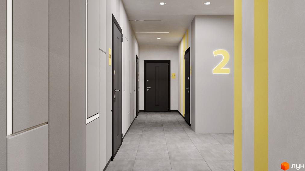 Коридор в новобудові ЖК Шенген з дверима та номером квартири. Сіра плитка на підлозі, стіни світлих тонів з жовтими акцентами.