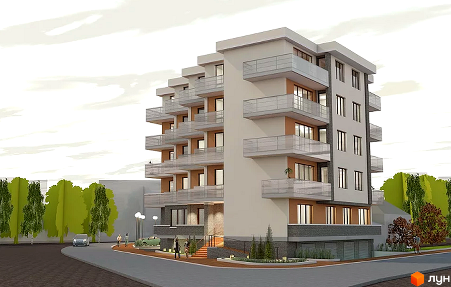 Зображення житлового комплексу Brownie House. Багатоповерховий будинок з балконами та терасами. На території є зелені насадження, тротуар та парковка.