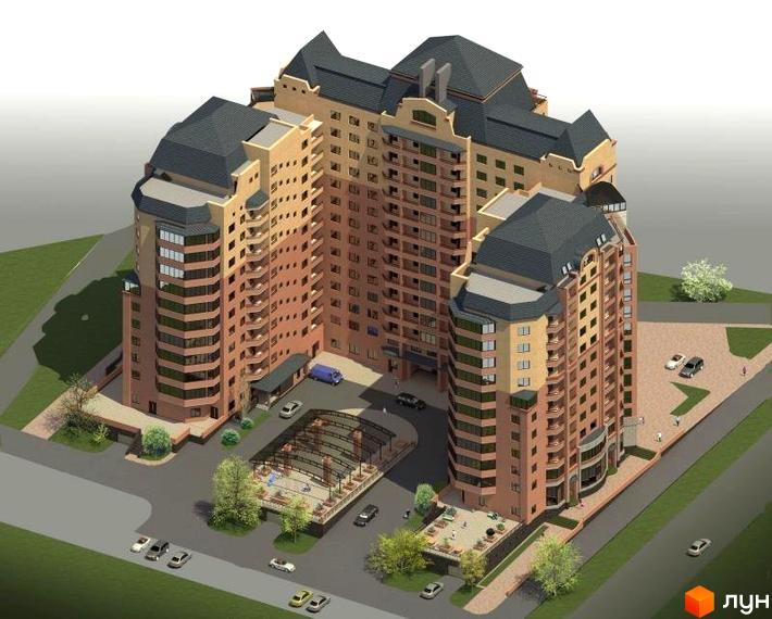 Житловий комплекс Набережний з кількома секціями різної поверховості з терасами та паркінгом. На прибудинковій території є зони відпочинку та озеленення.