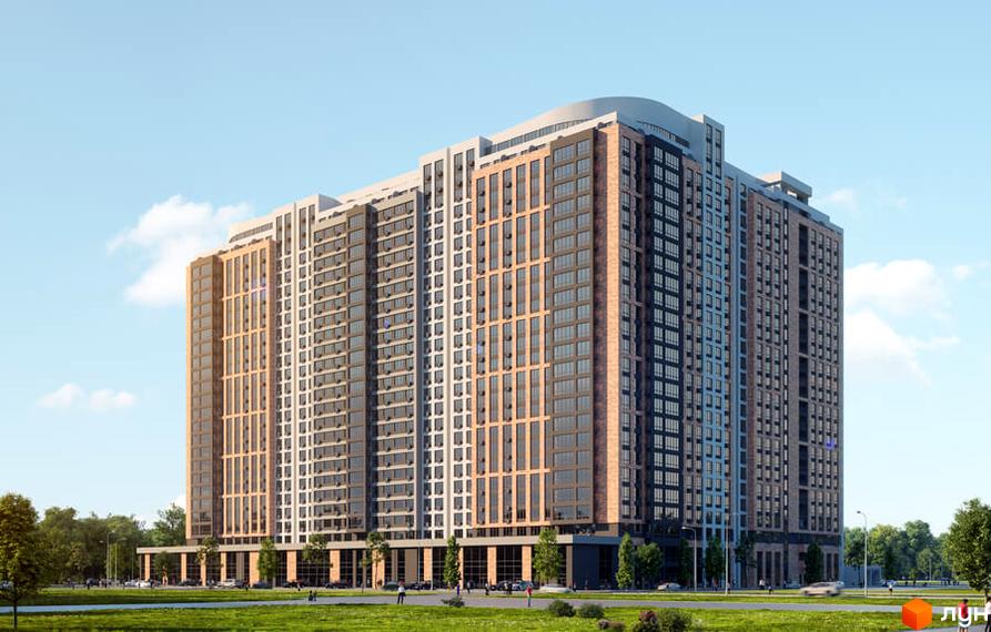 Висотна новобудова ЖК Оскар з фасадами різних кольорів на фоні блакитного неба. Перед будинком зелена трава, дерева та дорога з автомобілями.