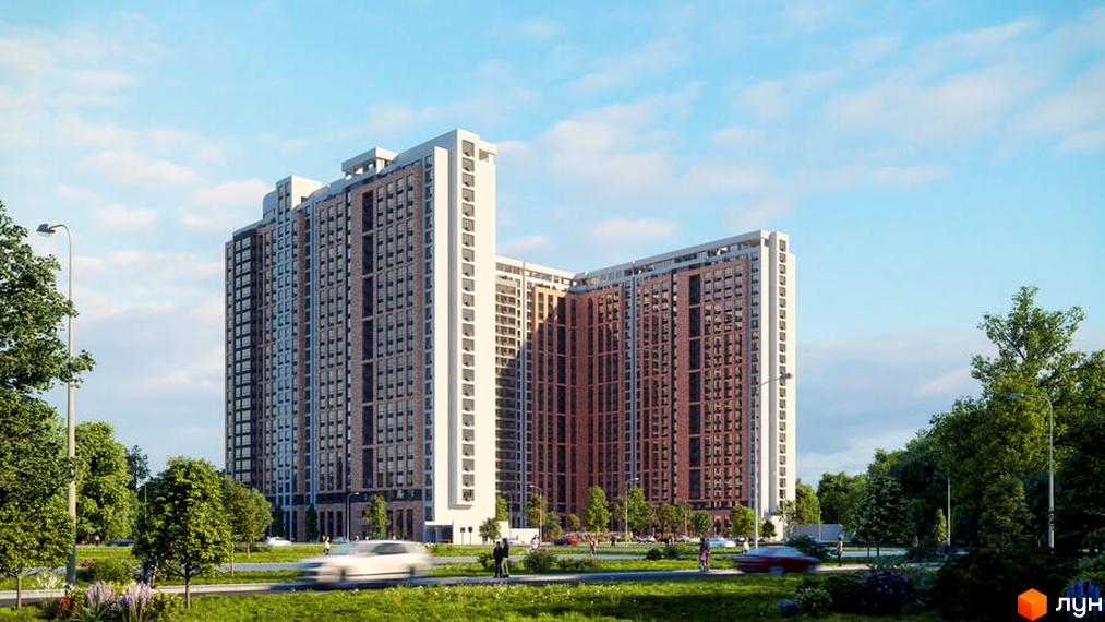 Зображення багатоповерхового будинку в Житловому комплексі Оскар. Навколо новобудови зелені насадження та проїжджа частина.