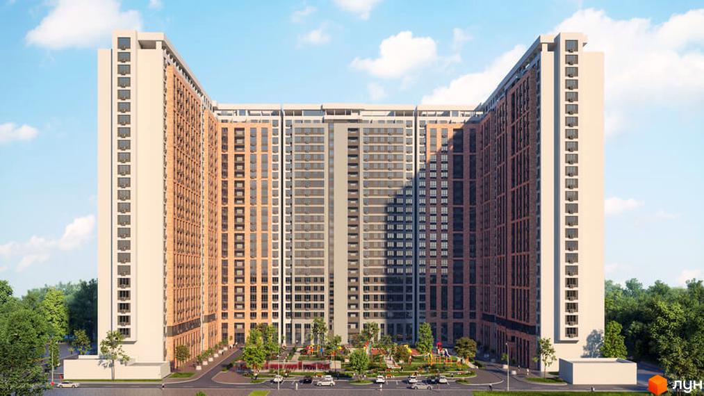 Зображення фасаду та прибудинкової території Будівельного проєкту Оскар. Висотна будівля з дитячим майданчиком та паркінгом.