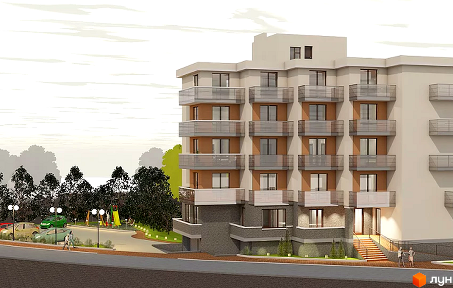 Багатоповерховий будинок з балконами та терасами. На прибудинковій території є дитячий майданчик та парковка для автомобілів.