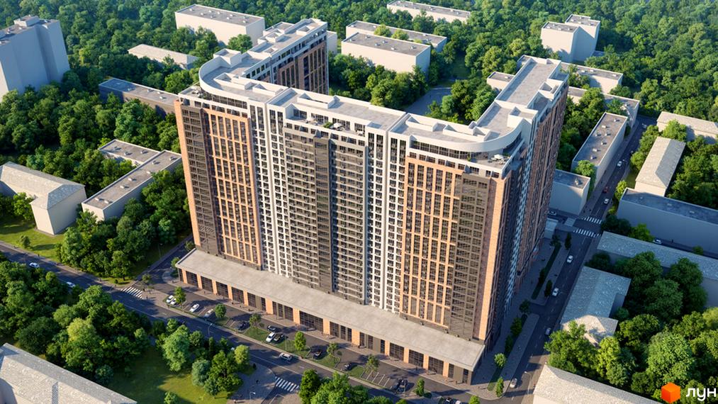 Зображення багатоповерхового будинку в Житловому комплексі Оскар з великою кількістю вікон. Навколо будинку зелені дерева та припарковані автомобілі.