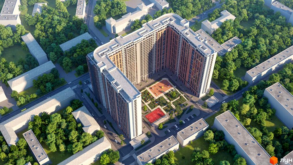 Зображення житлового комплексу Oscar з висоти пташиного польоту. У дворі розташовані дитячий та спортивний майданчики, зони відпочинку.