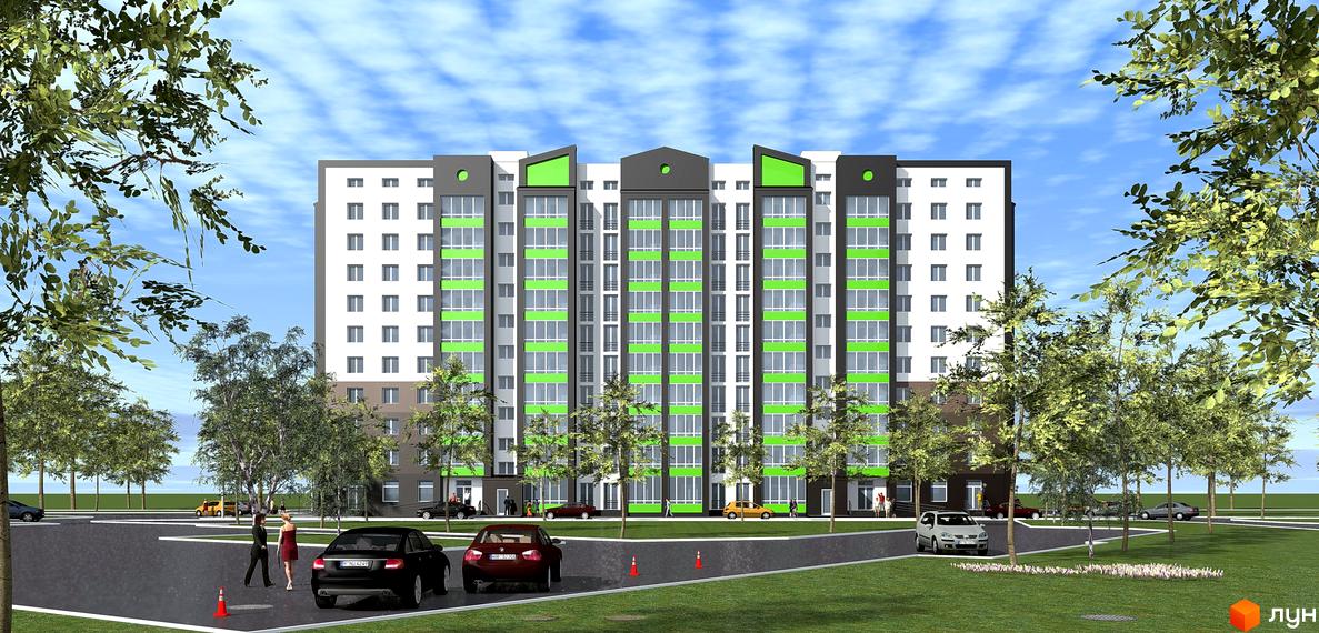 Зовнішній вигляд новобудови на вул. Павла Чубинського (Маяковського), 3, з зеленими та сірими фасадами, вікнами та прибудинковою територією з деревами та автомобілями.