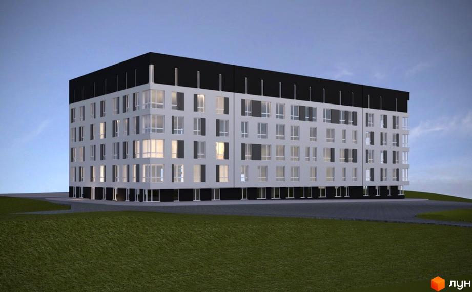 Житловий комплекс Жовківська брама: візуалізація багатоповерхового будинку з білими стінами, темним верхнім поверхом та цоколем, навколо зелена територія.