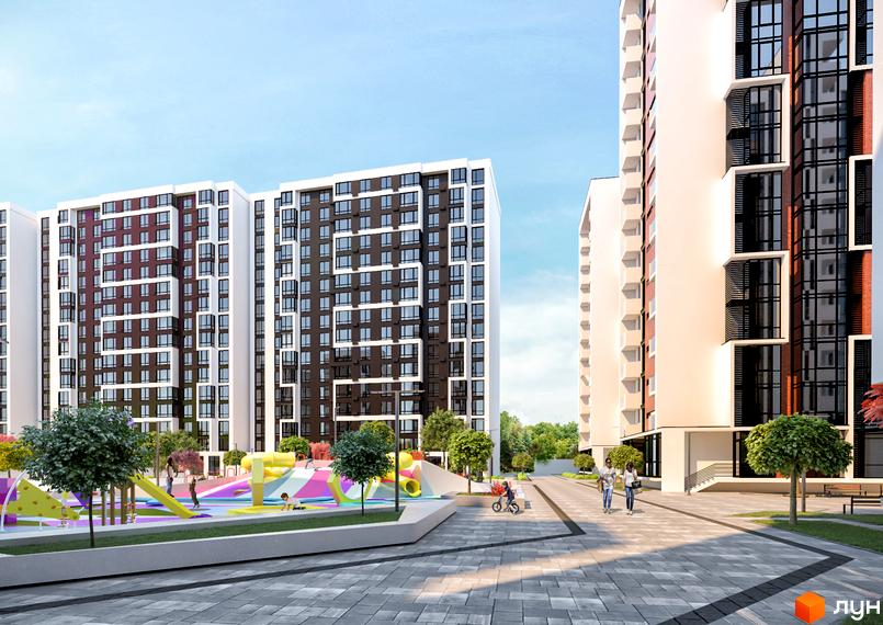 Житловий район Manhattan: сучасні багатоповерхові будинки з темними та світлими фасадами, великими вікнами та дитячим майданчиком на прибудинковій території.