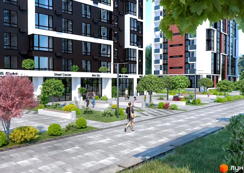 Житловий район Manhattan: фасади будинків з чорними та білими елементами, прибудинкова територія з деревами, кущами та пішохідними доріжками. Сучасний житловий комплекс з упорядкованою територією.