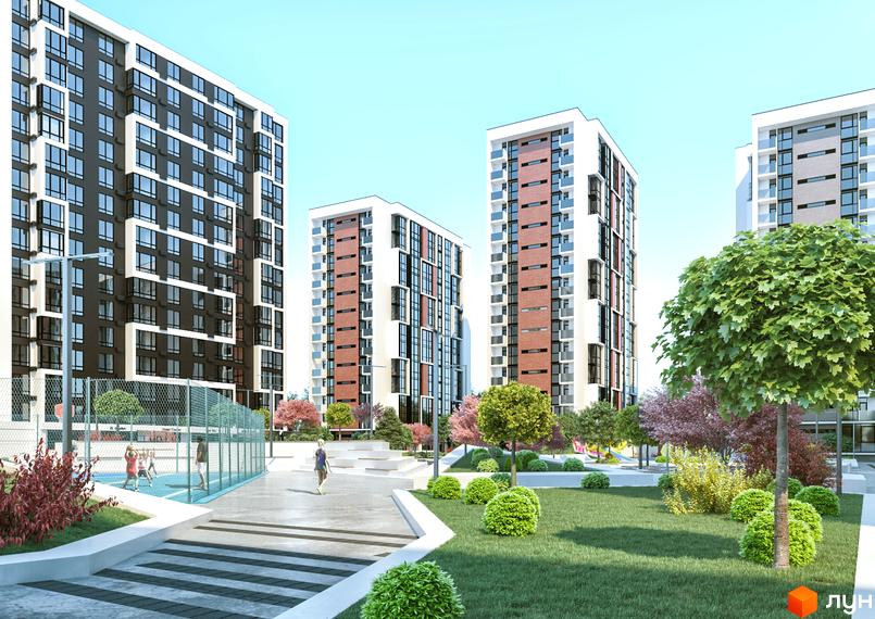 Житловий район Manhattan: сучасні багатоповерхові будинки з цегляними та темними фасадами, зелена прибудинкова територія з дитячим майданчиком та спортивною зоною.