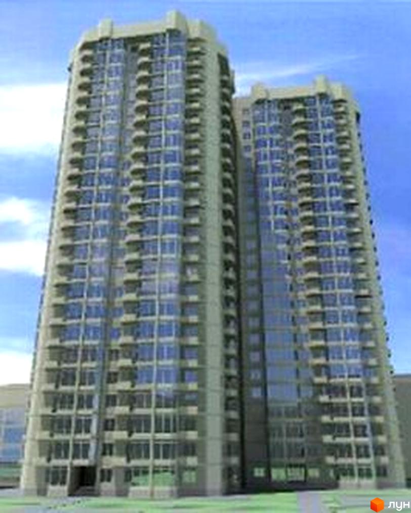 Житловий комплекс на проспекті Академіка Глушка, 32а. Високі будинки з великими вікнами та зеленою прибудинковою територією.