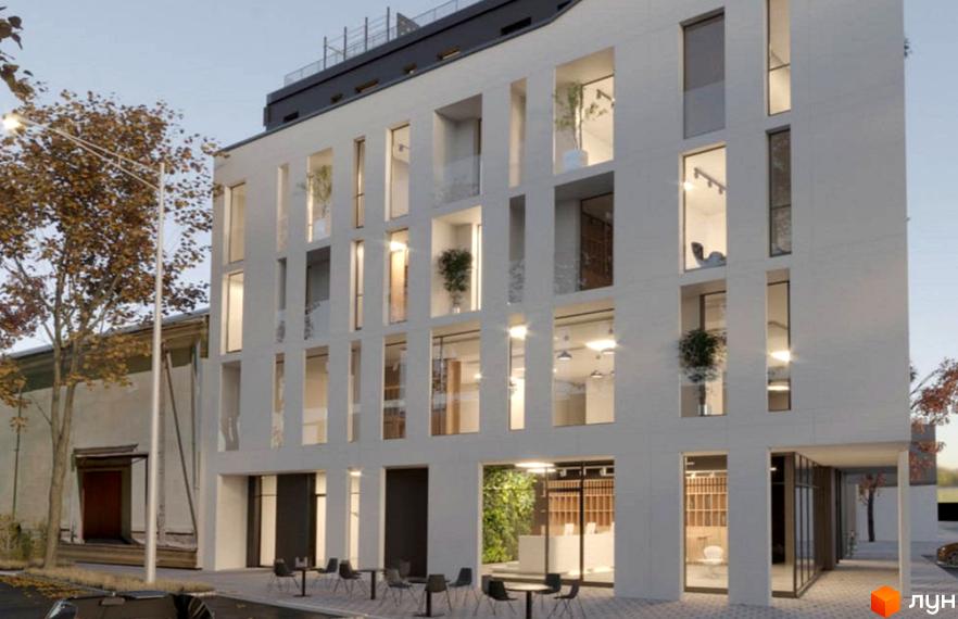 Зовнішній вигляд новобудови ЖК Juventus з великими вікнами та балконами. Поруч розташовані вуличні столики та дерева.