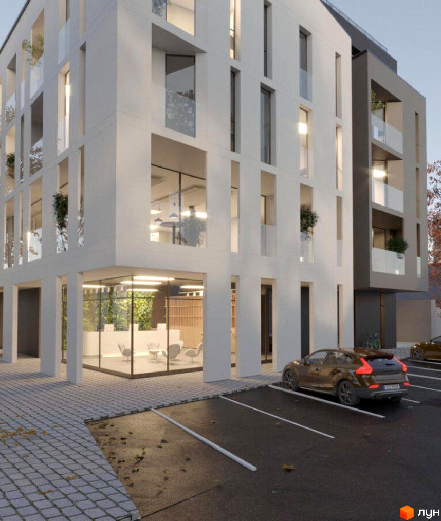 Новобудова ЖК Juventus з панорамними вікнами та балконами. Прибудинкова територія з парковкою та зеленими насадженнями.