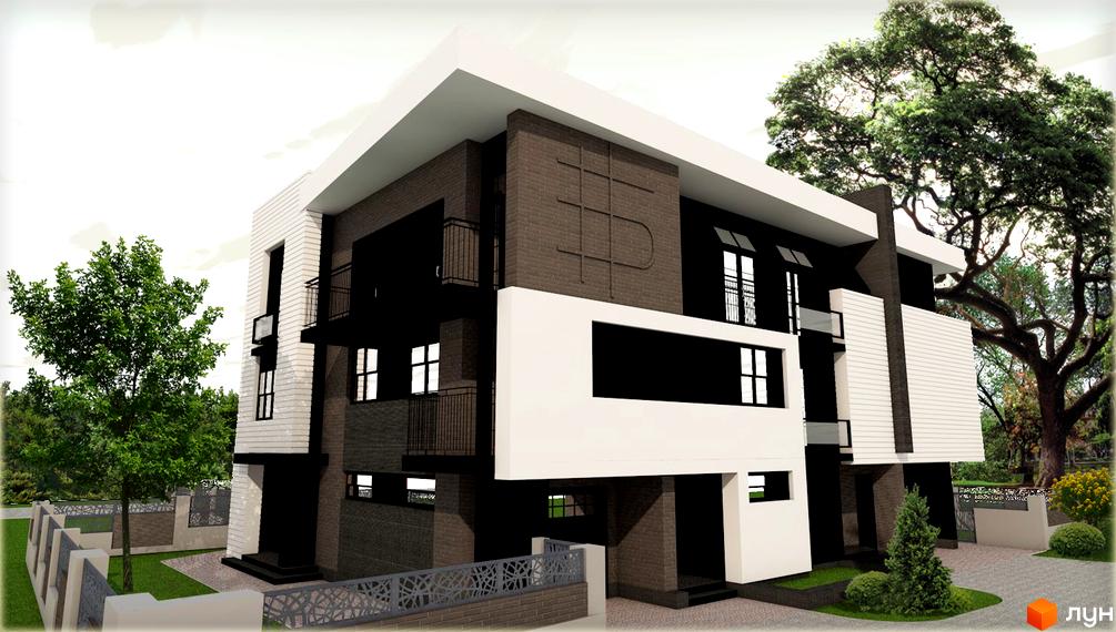 Сучасна новобудова на вулиці Терлецького, 17, з елементами білого та темного оздоблення, балконами та великими вікнами. Навколо будинку зелена прибудинкова територія з деревами та огорожею.