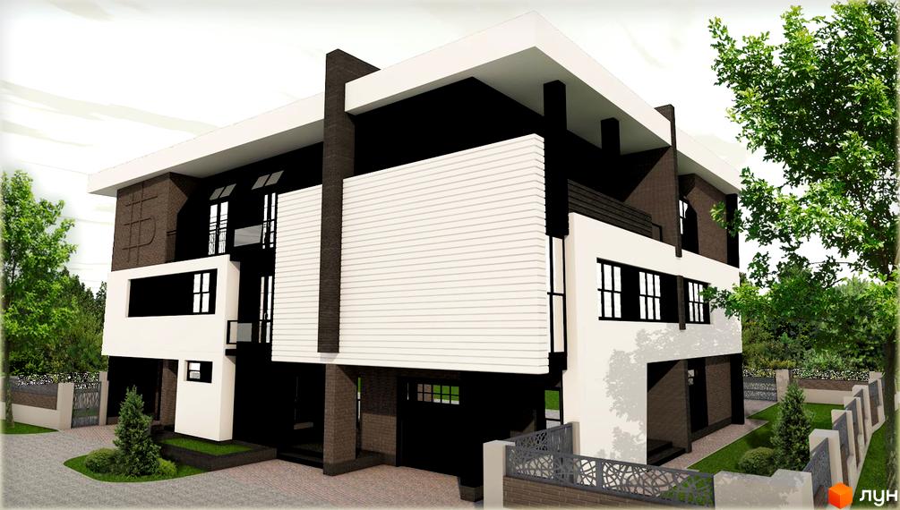 Зовнішній вигляд будинку на вул. Терлецького, 17, з прибудинковою територією та деревами. Новобудова з білими та темними фасадами, великими вікнами та балконами.