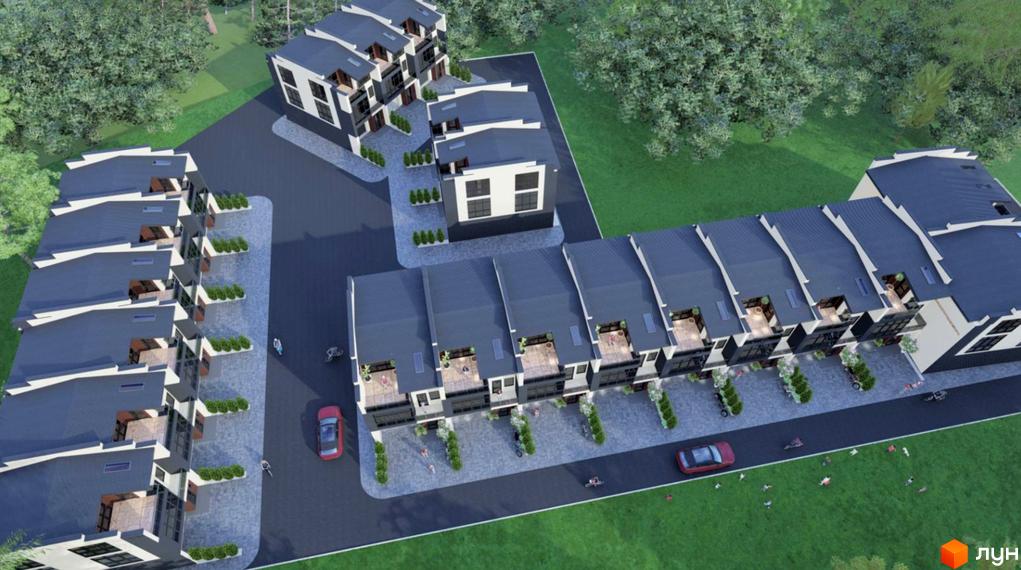 Зовнішній вигляд таунхаусів the Best Village з сірими дахами та білими фасадами, прибудинкова територія з зеленими насадженнями та доріжками.