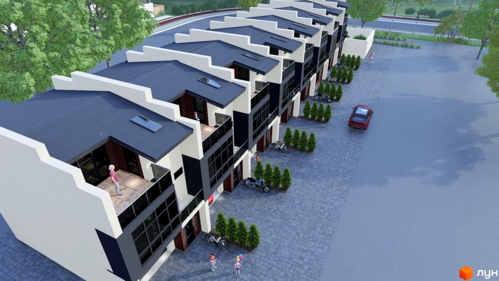 Зовнішній вигляд таунхаусів the Best Village з темним дахом та білими стінами, прибудинкова територія з бруківкою, деревами та автомобілем.