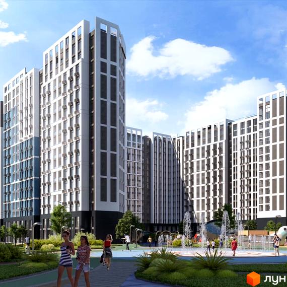 Житловий комплекс SKY AVENUE з високими білими фасадами та темними віконними рамами. На прибудинковій території розташований дитячий майданчик з фонтанами та зелені насадження.