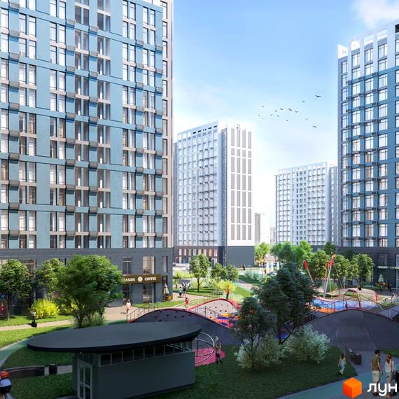 Житловий комплекс SKY AVENUE з блакитними фасадами та білими висотками. На прибудинковій території дитячий майданчик та зелені насадження.