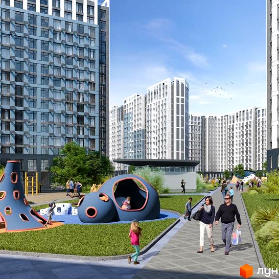 Візуалізація житлового комплексу SKY AVENUE з сучасними багатоповерховими будинками та дитячим майданчиком з оригінальними ігровими елементами. Територія комплексу озеленена та облаштована для відпочинку.