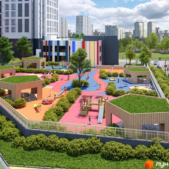 Житловий комплекс SKY AVENUE: дитячий майданчик з гірками, гойдалками та будиночками на зеленій території. Навколо сучасні багатоповерхові будинки.