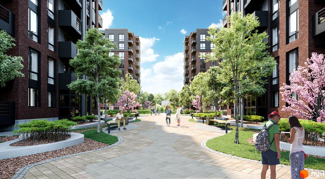 Житловий комплекс West Towers з цегляним фасадом та балконами, оточений деревами та квітучими рослинами, з пішохідними доріжками та зонами відпочинку.