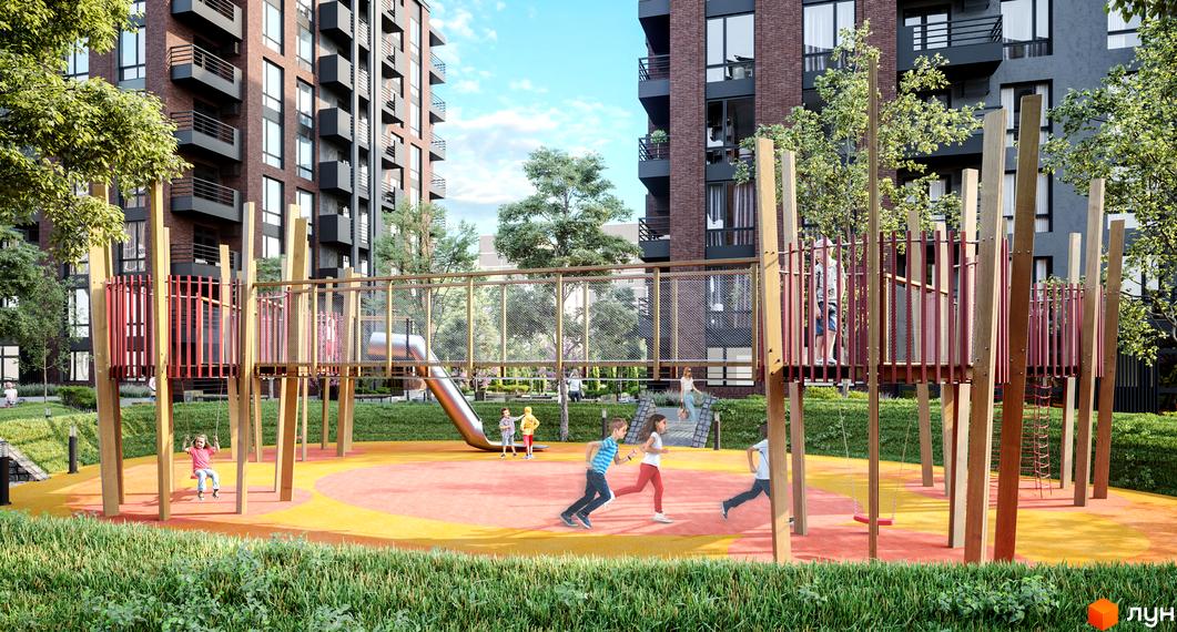 Житловий комплекс West Towers з дитячим майданчиком та зеленими зонами. Сучасна архітектура будівель та облаштована прибудинкова територія для відпочинку.