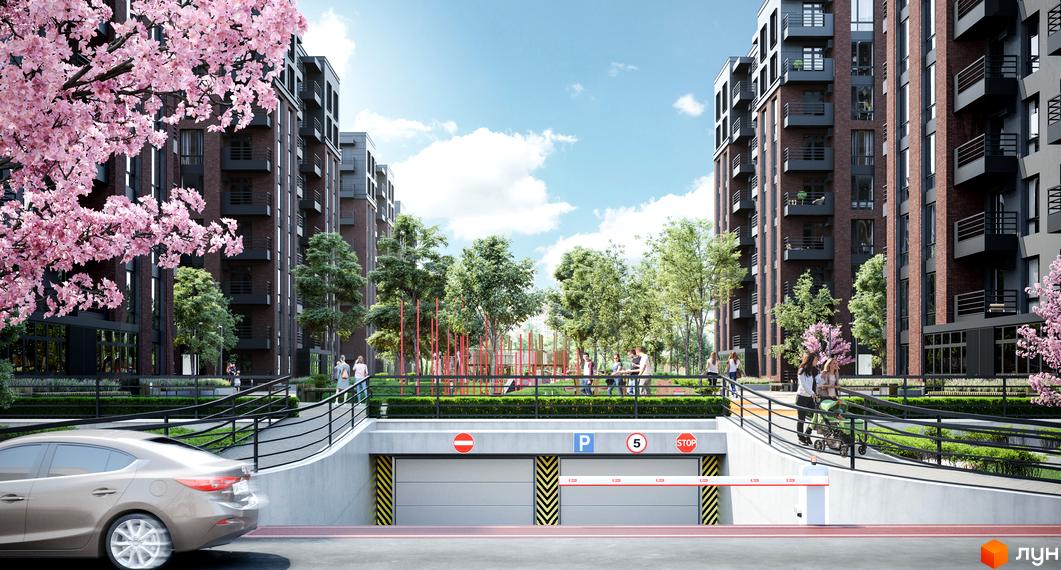 Житловий комплекс West Towers: фасади з цегли та балконами, зелена прибудинкова територія з дитячим майданчиком та паркінгом.