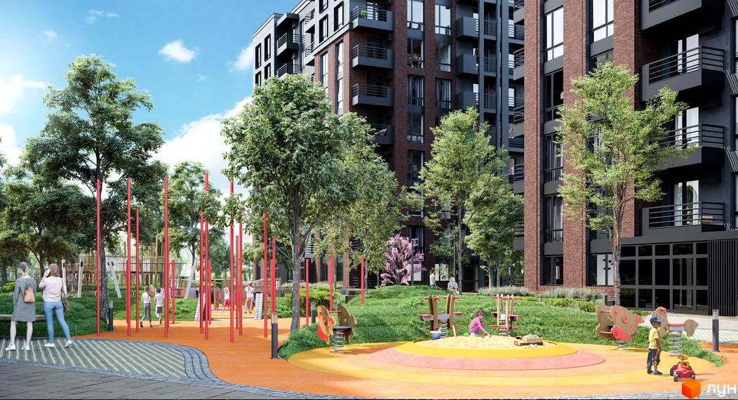 Новобудова West Towers з цегляним фасадом та балконами, поруч дитячий майданчик з пісочницею та гойдалками.