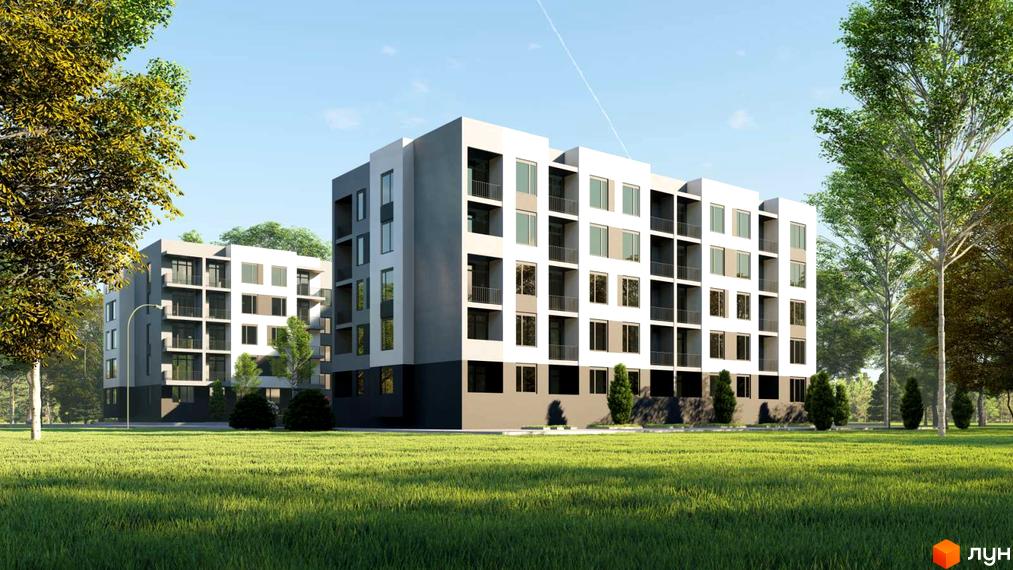 Зовнішній вигляд новобудови на вул. Вулецька з балконами та великими вікнами на тлі зеленої галявини та дерев.