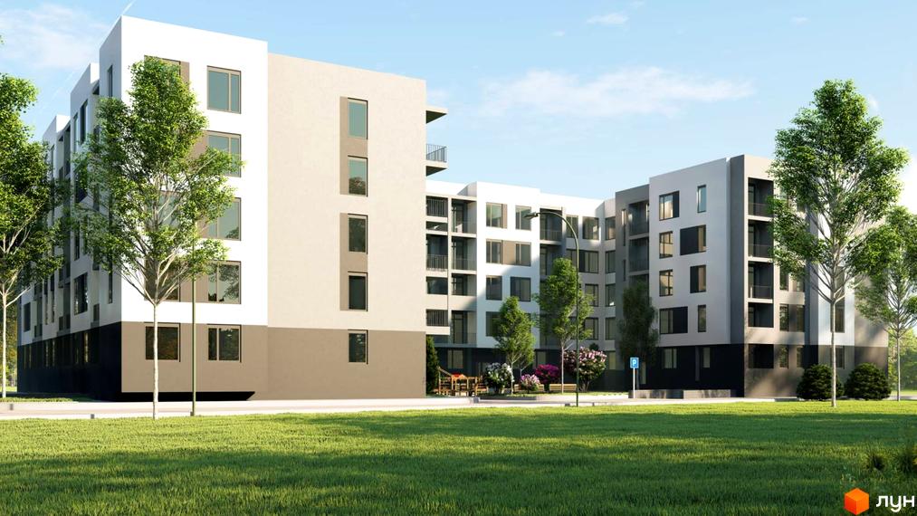 Зовнішній вигляд житлового комплексу на вулиці Вулецькій з зеленим газоном та деревами. Комплекс складається з кількох секцій різної висоти з сучасними фасадами та великими вікнами.