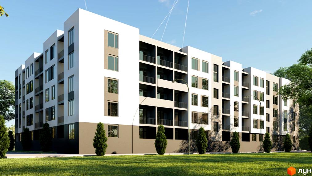 Зовнішній вигляд новобудови на вулиці Вулецька: біло-сіра фасадна частина з балконами та великими вікнами на тлі блакитного неба. Прибудинкова територія з газоном та деревами.