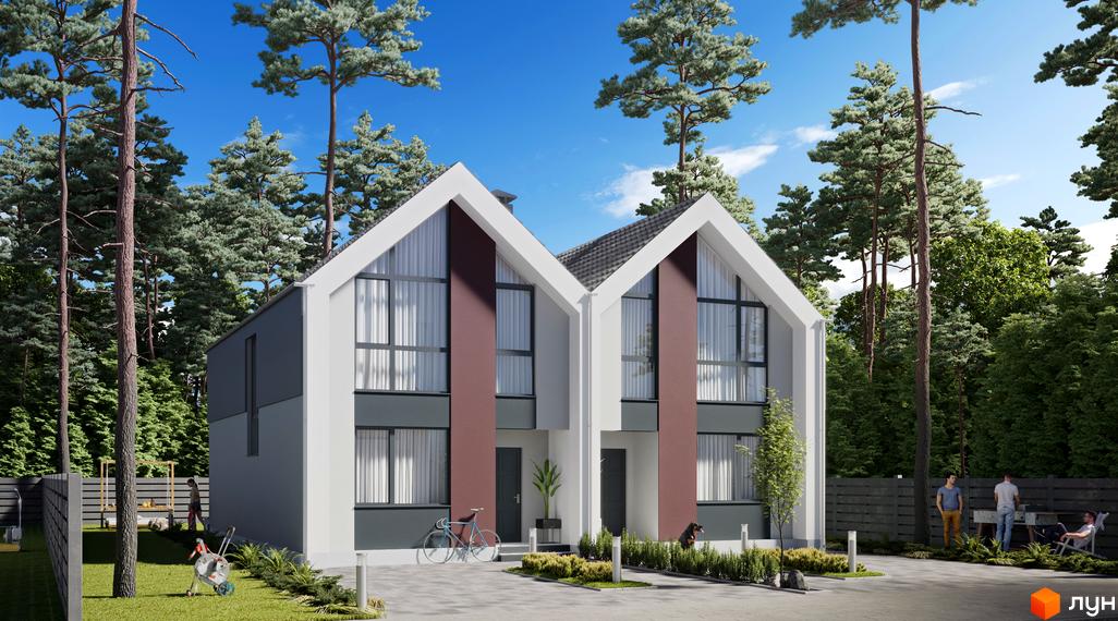 Зображення сторінки житлового комплексу Scandinavian Residence. Двоповерхові будинки з білими фасадами та великими вікнами, поруч зелена територія з деревами та газоном.