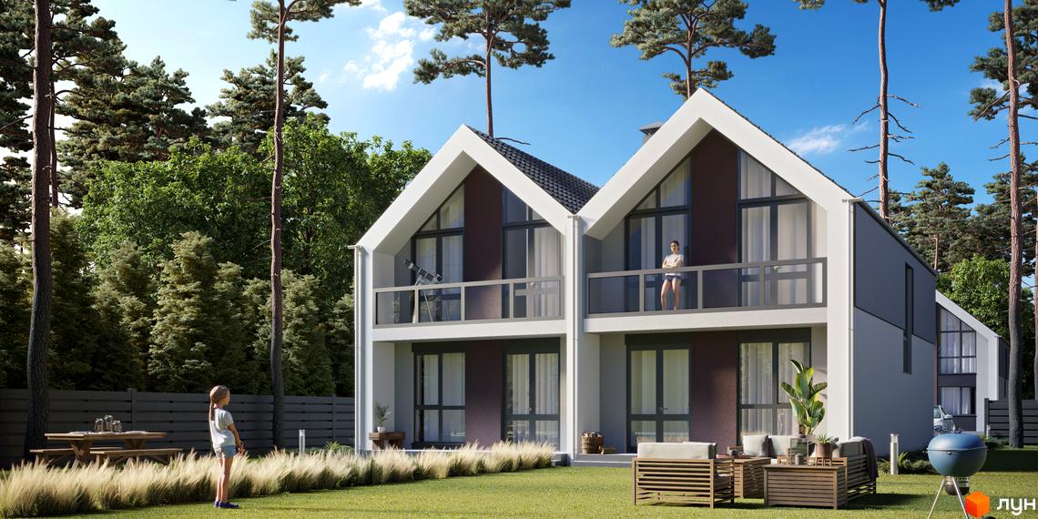 Двоповерховий дуплекс Scandinavian Residence з панорамними вікнами та балконами. На території є газон, дерева та зона відпочинку з меблями.