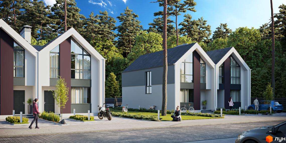 Дуплекси Scandinavian Residence з гостроверхими дахами, білими та темно-сірими фасадами. Навколо озеленена прибудинкова територія.