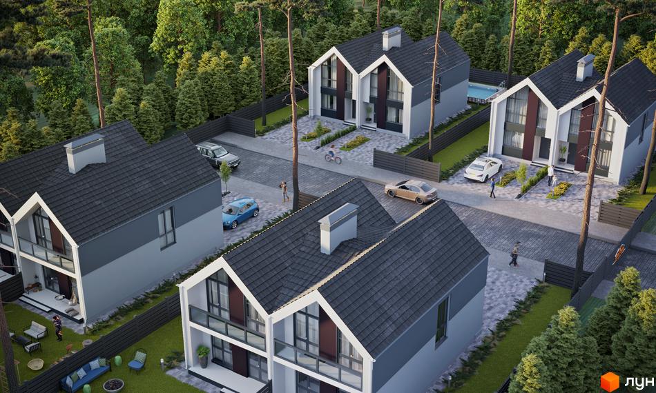 Дуплекси Scandinavian Residence з сірими дахами та біло-сірими фасадами, розташовані на брукованій вулиці серед дерев.